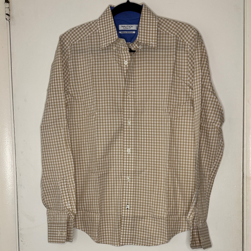 Nautica Men's Tan Checkered Button Down Shirt